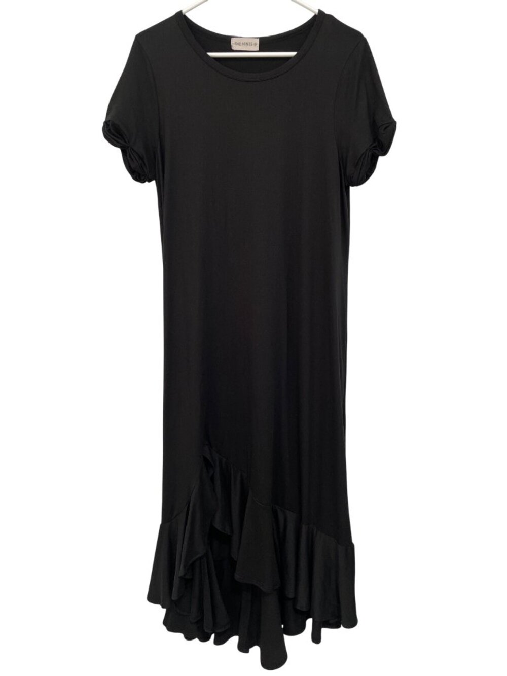 The Nines Midi Dress Small Gathered Short Sleeve Ruffle Hi Low Hem Minimalist
